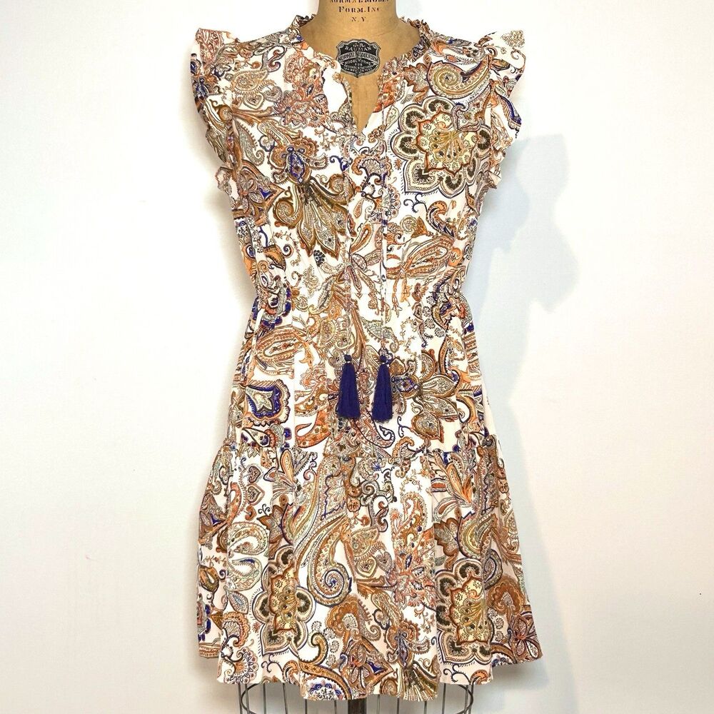 THML Paisley Mini‎ Dress Boho Tassel Tie Flutter Sleeve Fit Flare S
